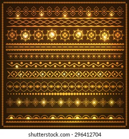 Cute Collection of shiny golden Ethnic borders Geometric and aztec decor elements. Trendy backgrounds.vector
