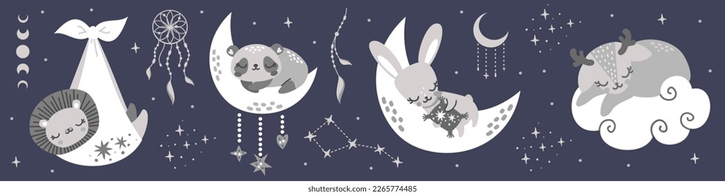 Cute collection of sleeping animals. Cute hare, panda, deer, fox, lion sleeping. A newborn lion cub in a diaper. Dreamcatcher 