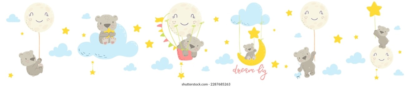 Cute collection of sleeping bear. Hot air balloon, cloud, moon, star. Perfect for t-shirt print, nursery textile, kids wear fashion design, baby shower invitation card.