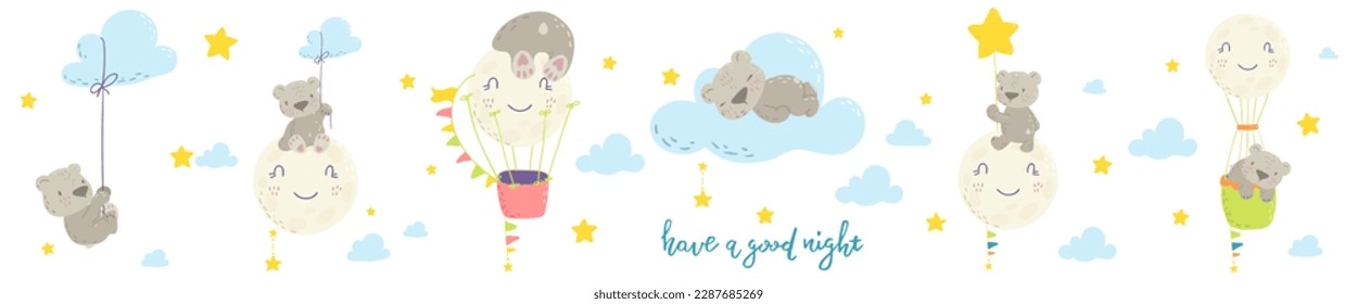 Cute collection of sleeping bear. Hot air balloon, cloud, moon, star. Perfect for t-shirt print, nursery textile, kids wear fashion design, baby shower invitation card.