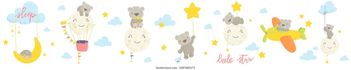 Cute collection of sleeping bear. Hot air balloon, cloud, moon, star. Perfect for t-shirt print, nursery textile, kids wear fashion design, baby shower invitation card.