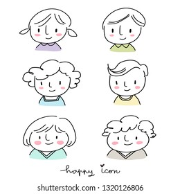 Cute collection of smiling boys and girls faces for using as user icons, profile pictures or avatars in social network sites. Set of diverse face icons of little boys and girls. Hand-drawn vector.