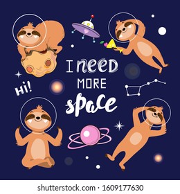 Cute collection with space sloths on a blue background. Vector illustration for children