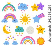 Cute collection with star, rainbow, cloud, moon, sun in cartoon style. Weather icons, kids friendly design. Rainbows and stars clipart for prints, t-shirts, holiday invitations, cards for children.