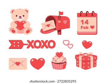 Etiqueta engomada linda de la colección de los iconos del vector que celebran el día de San Valentín, incluyendo el oso de peluche con el corazón, buzón, calendario 14 de febrero, cupcake, caja de regalo, XOXO. Tarjeta de felicitación del día de San Valentín, scrapbooking