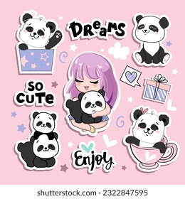 Cute collection stickers with cartoon anime girl and panda toys. Vector illustration print for t-shirt. Concept birthday