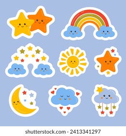 Cute collection of stickers with funny rainbows, stars, cloud, moon in cartoon style. Rainbow child friendly design of labels, badges for kids motivation, encouraging, rewarding, appreciation.