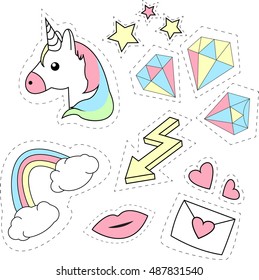 Cute collection stickers, pins, patches for girls. Fashion vintage patch set isolated on white background. Vector illustration with unicorn, lips, star, heart, diamond and rainbow.