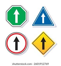 Cute collection of  Straight ahead sign board with four shape inside isolated on white background. Traffic road sign symbol