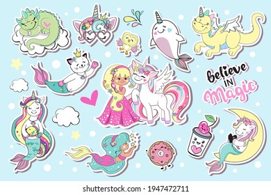 Cute collection of summer fashion stickers with unicorn, mermaid, whale unicorn, dragon. Vector illustration design for t-shirts, nursery decoration, greeting accessories