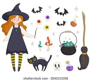 Cute collection of teenage red hair witch with cat, bat, broom, cauldron potion, eyes, mushrooms. Vector doodle set for design.