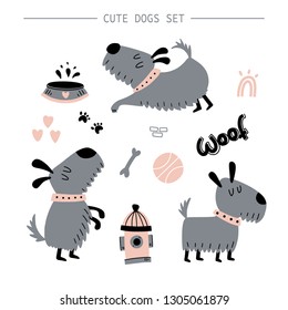 Cute collection of terrier dogs in different poses in gray and pink colors. Funny vector portrait of a dog for decoration and design. 