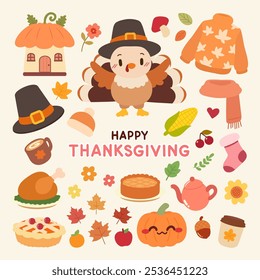 A cute collection of Thanksgiving themed elements, including a cartoon turkey, pumpkin house, autumn leaves, cozy clothing and festive foods.