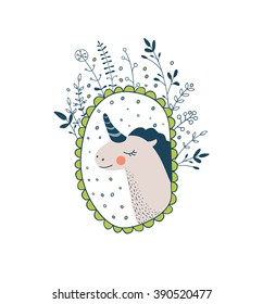 Cute collection of unicorn, fairy wings, flower, cloud  and key. Isolated floral illustration on white. Fairytale design for love card, invitation, children or wedding DIY. Magic vector pattern
