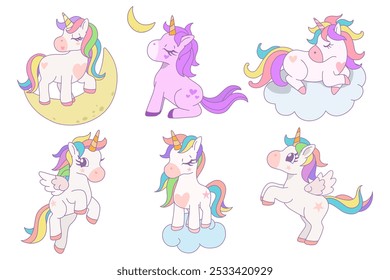 Linda colección de unicornio variedad de poses y colección de pony con artículos mágicos, estilo de fantasía de dibujos animados, garabatos dibujados a mano de unicornio, ilustración de diseño de Vector.
