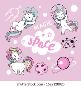 Cute collection with unicorns in space, clouds and space planets  on a pink background for children