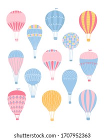 Cute collection various of romantic air balloons in pastel colors isolated on a white background. Set of icons for children's room design, textiles, invitations, greeting cards. Vector illustration