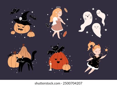 Cute collection of vector compositions for Halloween. Magic illustration with angel, pumpkin, bat, ghosts, baby in fairy costume.