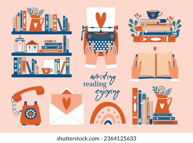 Cute collection of vector illustrations with stack of books, typewriter, bookshelf, telephone, cup, envelope, heart. Writing, reading, enjoying. World Book Day. Stickers about creating literature.