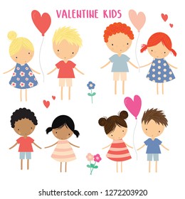 A cute collection of vector valentine kids, with additional balloons and flowers.