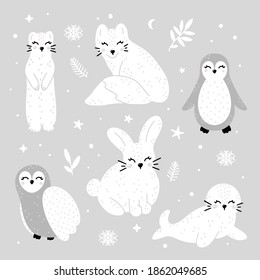 Cuta colección de animales de invierno: ermio, zorro, pingüino, búho, conejo y foca con puntos abstractos, estrellas y elementos de invierno. Ilustración vectorial monocroma de estilo escandinavo dibujada a mano.