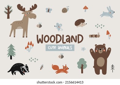 Cute collection Woodland animals. Adorable Childish set of bear, fox, deer, bee, snail, caterpillar, hedgehog, raccoon, trees, mushrooms, flowers. Cute scandinavian characters vector illustration