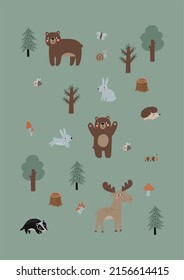 Cute collection Woodland animals. Adorable Childish set of bear, fox, deer, bee, snail, caterpillar, hedgehog, raccoon, trees, mushrooms, flowers. Cute scandinavian characters vector illustration