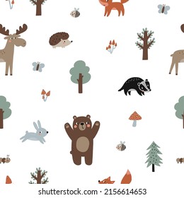 Cute Collection Woodland Tiere. Adorable Kindergarten, Fuchs, Hirsch, Biene, Schnecke, Raupe, Igel, Raccoon, Bäume, Pilze, Blumen. Cute skandinavische Vektorgrafik nahtlos