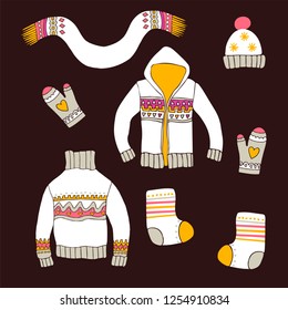 Cute Collection of Woolen Clothes. Hand Drawn Pullover, Sweatshirt, Mittens, Scarf, Hat and Socks. Doodle vector illustration.