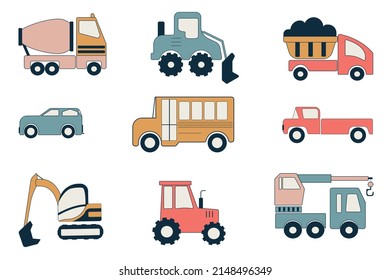 Cute collection of working cars. Cartoon kids cars in the Scandinavian style. Toy construction vehicles. Vector bulldozer, excavator, tractor, concrete mixer, crane, bus, pickup truck. Car stickers.