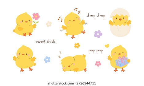 Cute collection with yellow chicks in different poses. Spring set for holiday designs. Flat vector illustration.