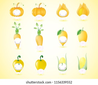 Cute collection of yellow vegetable cartoon characters, front side and backside of adorable acting of yellow pumpkin, sweet pepper, Cape gooseberry, chili, carrot, Lemon and corn.
