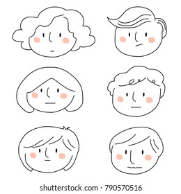 Cute collection of young man and woman with straight faces for using as user icons, profile pictures or avatars in social network sites. Doodled face icons on white background. Hand-drawn style vector