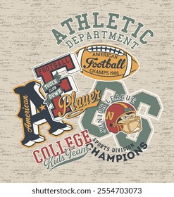 Cute college American football kids team vintage vector print for children kid sport wear for shirt sweatshirt pajamas