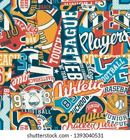 Cute College Sporting Labels Patchwork  Abstract Vector Seamless Pattern For Children Wear