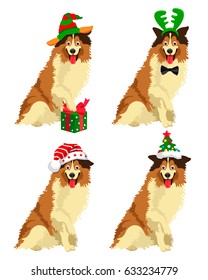 Cute Collie breed dog in a New Year hat. Vector illustration on white background. Friend of human. Symbol of the 2018.
