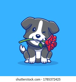 Cute Collie Dog With Red Rose Cartoon Vector Icon Illustration. Animal Romance Icon Concept Isolated Premium Vector. Flat Cartoon Style.