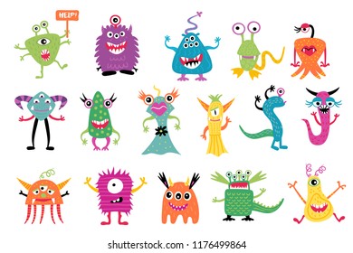 Cute colofrful monster set, isolated on a white background, cartoon monsters, doodle style, vector illustration.