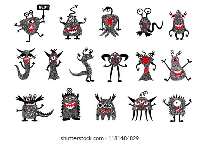 Cute colofrful monster set, isolated on a white background, cartoon monsters, doodle style, vector illustration.