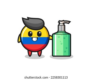 cute colombia flag badge cartoon with hand sanitizer , cute style design for t shirt, sticker, logo element