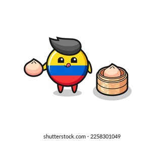 cute colombia flag badge character eating steamed buns , cute style design for t shirt, sticker, logo element