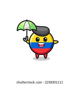 cute colombia flag badge illustration holding an umbrella , cute style design for t shirt, sticker, logo element