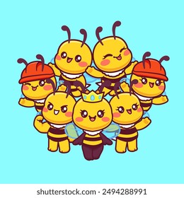 Cute Colony Of Bees Cartoon Vector Icon Illustration. Animal Nature Icon Concept Isolated Premium Vector. Flat Cartoon Style