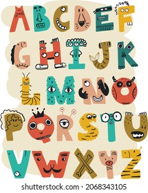 Cute color alphabet with face . Hand drawing font for children. Flat isolated vector cartoon abc.