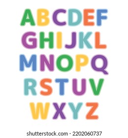 Cute Color alphabet. Hand drawing font for children. Flat isolated vector illustration. On white background