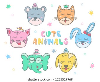 Cute color animals set with outline. Color illustration