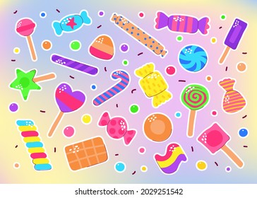 Cute color candy sticker set. Sugar Sweets on gradient background. Gummy, Chocolate, Caramel, Lollipops, Jelly, Peppermint, Marmalade, Drops of different shapes. Vector cartoon funny illustration