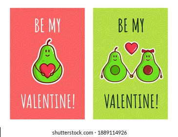 Cute color cartoon avocado couple characters. Greeting cards for valentines day. Avocado love with hearts. Vector.