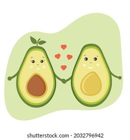 Cute color cartoon avocado couple in love. Valentine's day romantic greeting card. Funny happy cute couple of avocado. Happy couple in love vector illustration. Poster, postcard illustration.