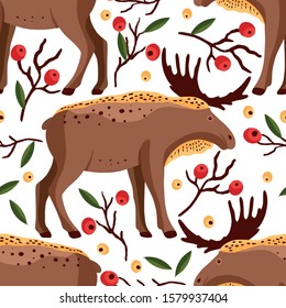 Cute color cartoon forest moose vector animal seamless pattern. Brown elk in a flat style. Amusing woodland childish illustration.